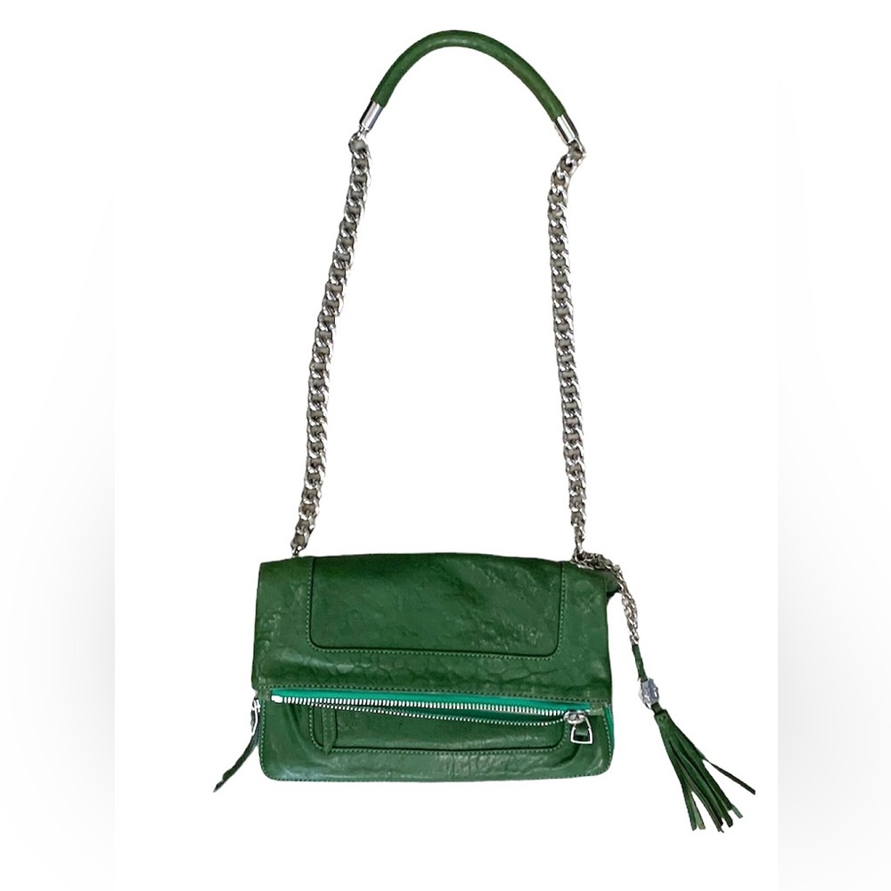 Olivia Harris by Joy Gryson Leather Fold Over Shoulder Bag Purse Kelly Green